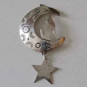 Vintage Large Sterling Silver Mexico Howling Wolf Moon Star Pendant 925 Mexican